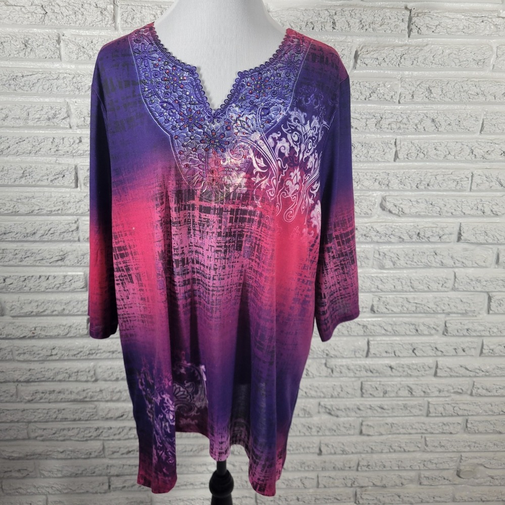 Catherines 1X Paisley Tunic Blouse Rhinestone V-Neck 3/4 Sleeve Plus Casual Top